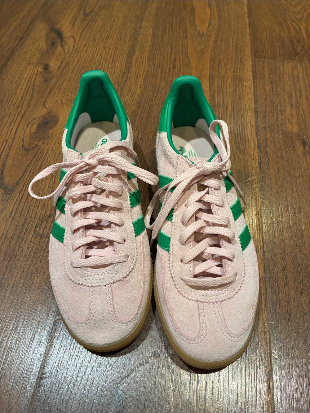 adidas Men's Pink Suede Sneakers with Green Stripes